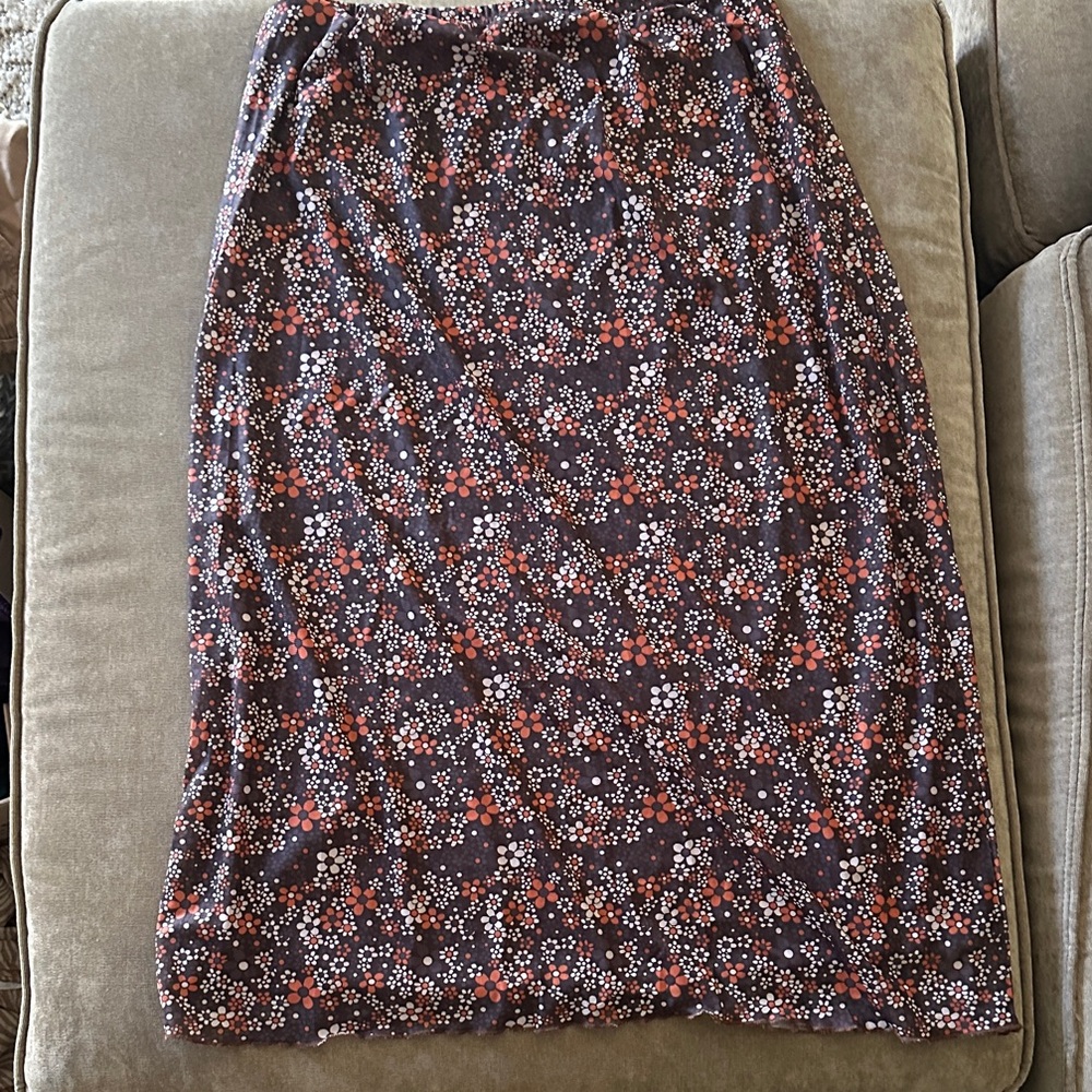 Floral Print Brown Midi Skirt with Rust and Cream Accents